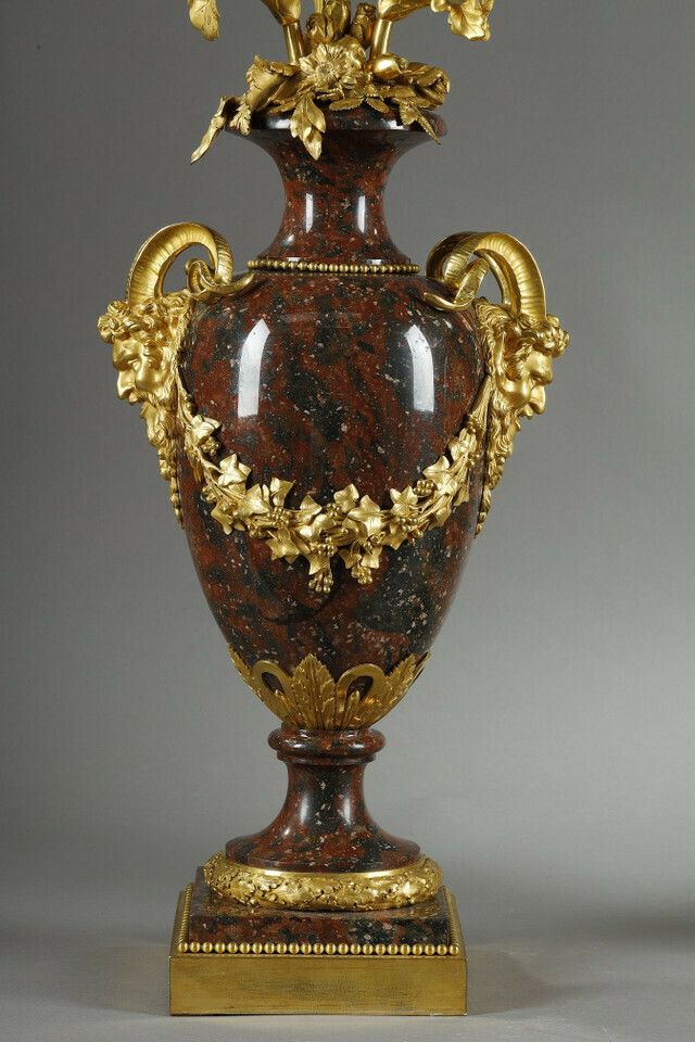 Pair Of Louis XVI Style Candelabra In Griotte Red Marble And Gilt Bronze photo buy