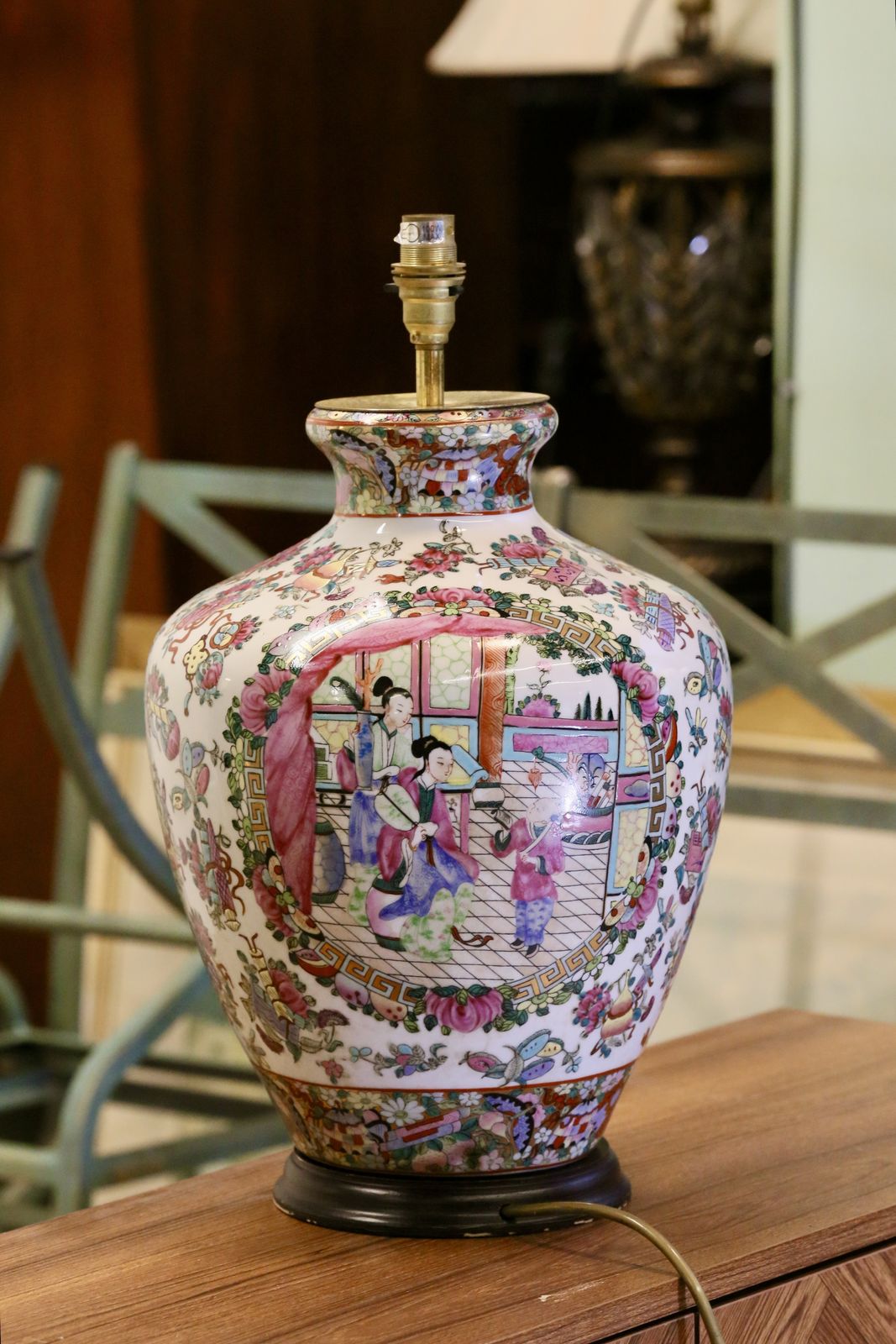 Pair Chinese Antique Famille Rose Porcelain Lamps With Court Scenes   51cm Height photo buy
