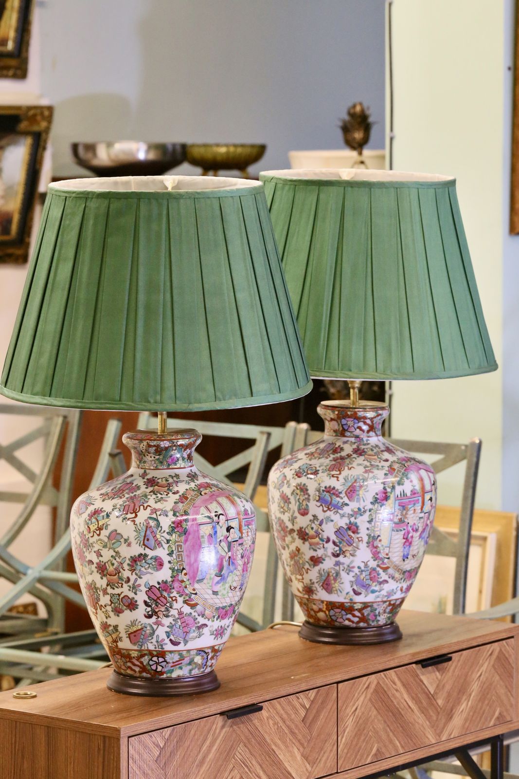 Lighting Pair Chinese Antique Famille Rose Porcelain Lamps With Court Scenes   51cm Height photo