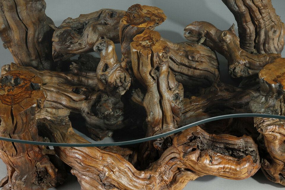 Coffee Table Made Of Tree Roots With Bean Shaped Glass Top photo vinterior