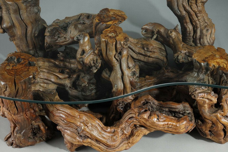 Coffee Table Made Of Tree Roots With Bean Shaped Glass Top photo buy