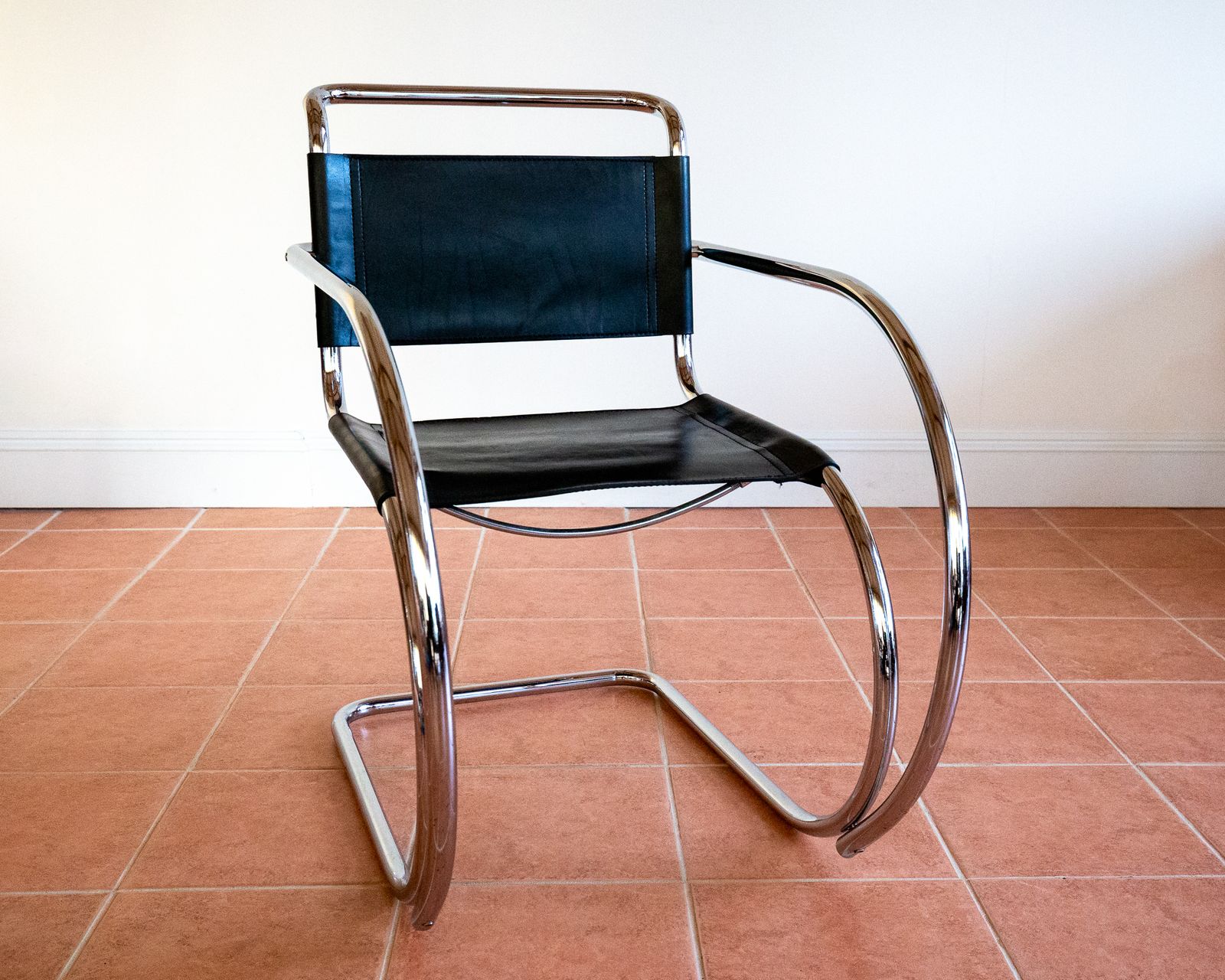 photo for sale Mies Van Der Rohe Mr20 Armchair Leather Chrome Cantilever Chair Black Leather Bauhaus Mcm Mid Century Leather Arm Chair