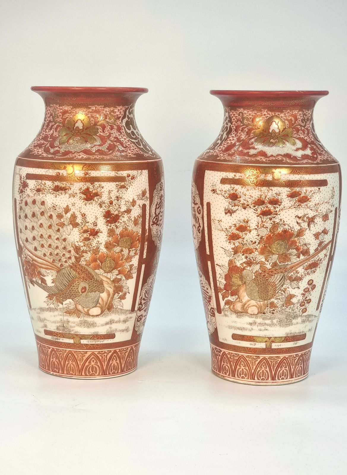 A Large Pair Of Japanese Hand Painted Kutani Porcelain Vases, Circa 1890