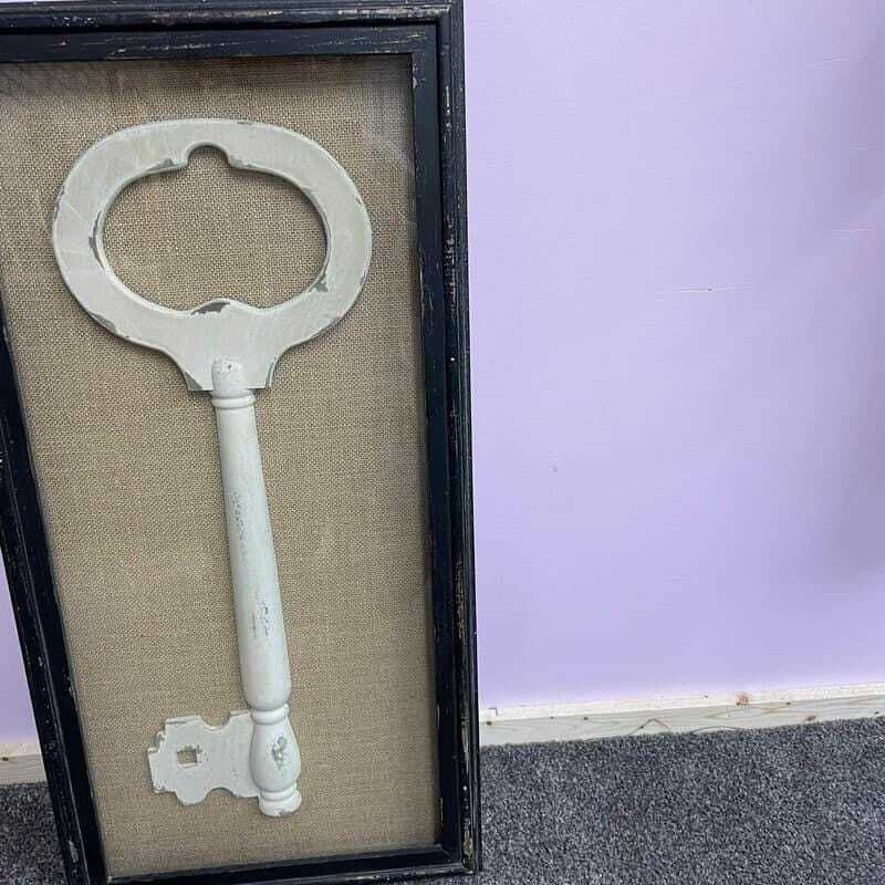 Framed Wooden Large Key Hessian Backed In Black Boxed Frame photo buy
