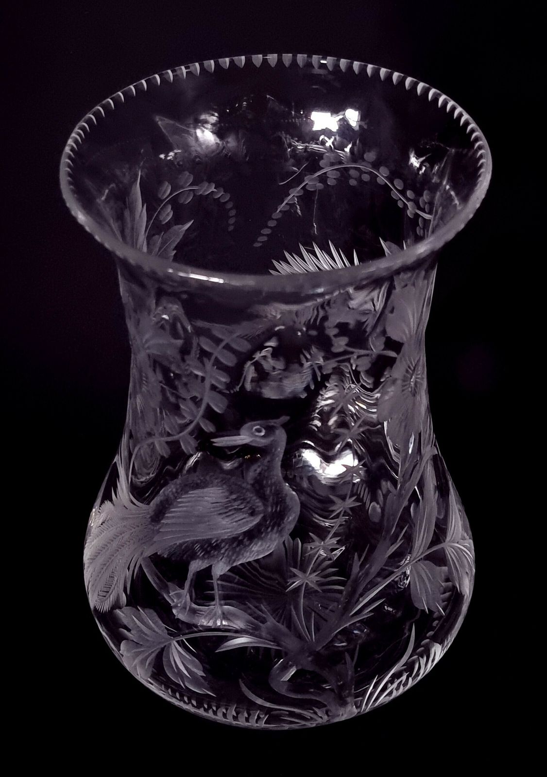A 19th Century Stourbridge Hand Wheel Engraved Glass Vase, English Circa 1890 Depicting Birds And Flowers photo vintage
