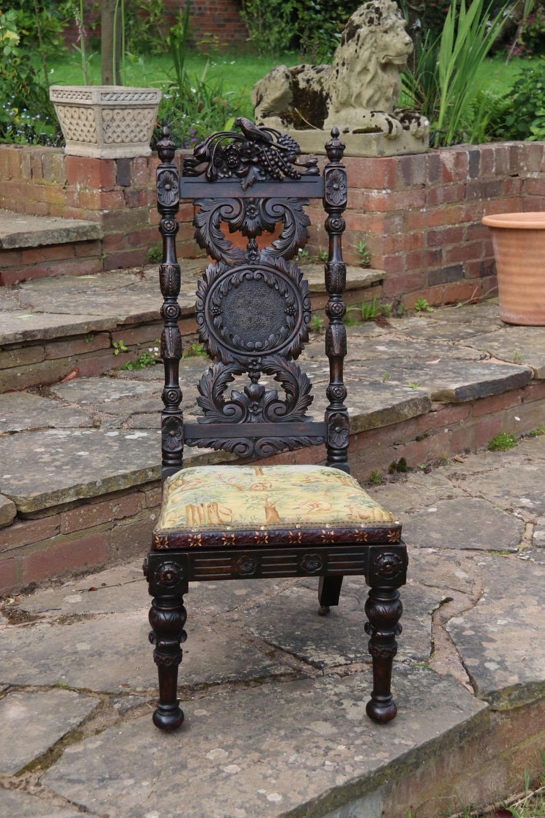 A 19th Century English Country House Carved Walnut High Backed Chair With A Tapestry Seat photo furniture