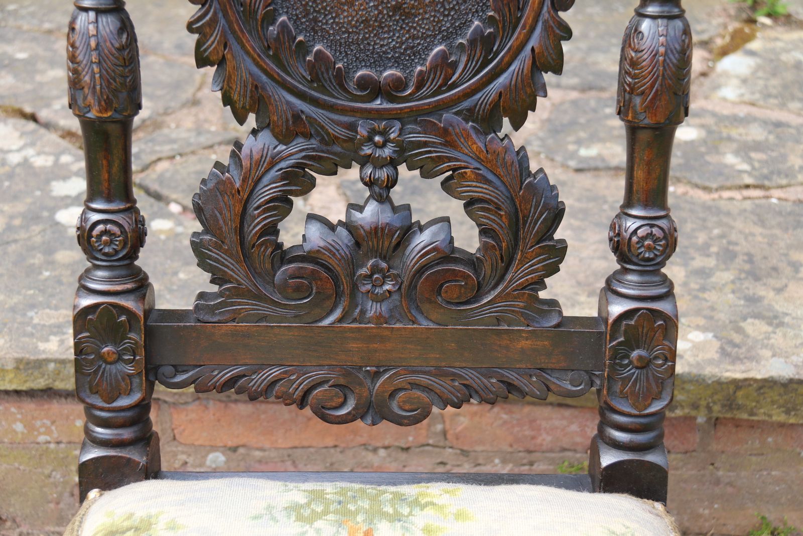 photo furniture A 19th Century English Country House Carved Walnut High Backed Chair With A Tapestry Seat