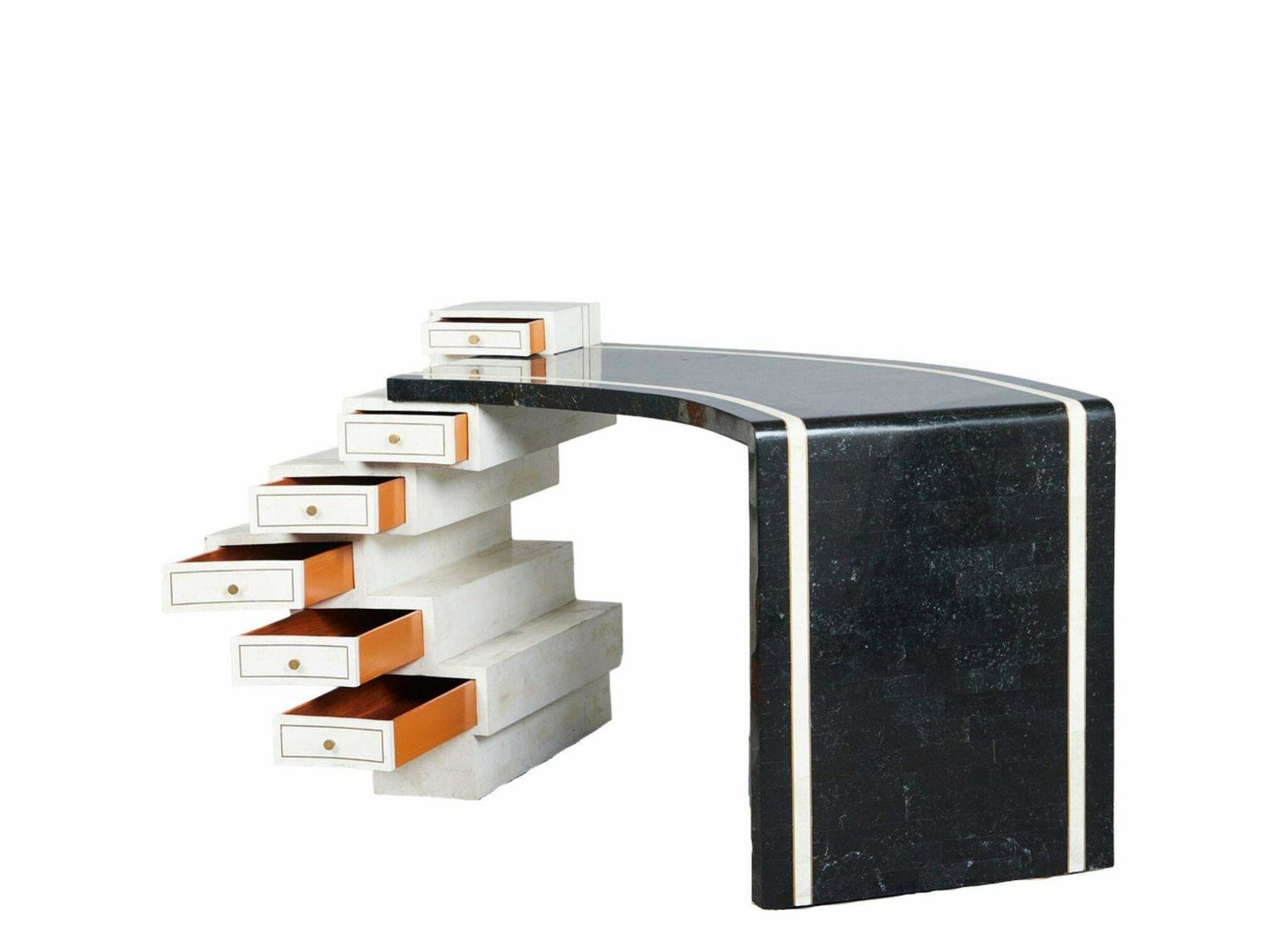Unique Writing Desk With Black And White Stone Veneer And Brass Inlays photo furniture