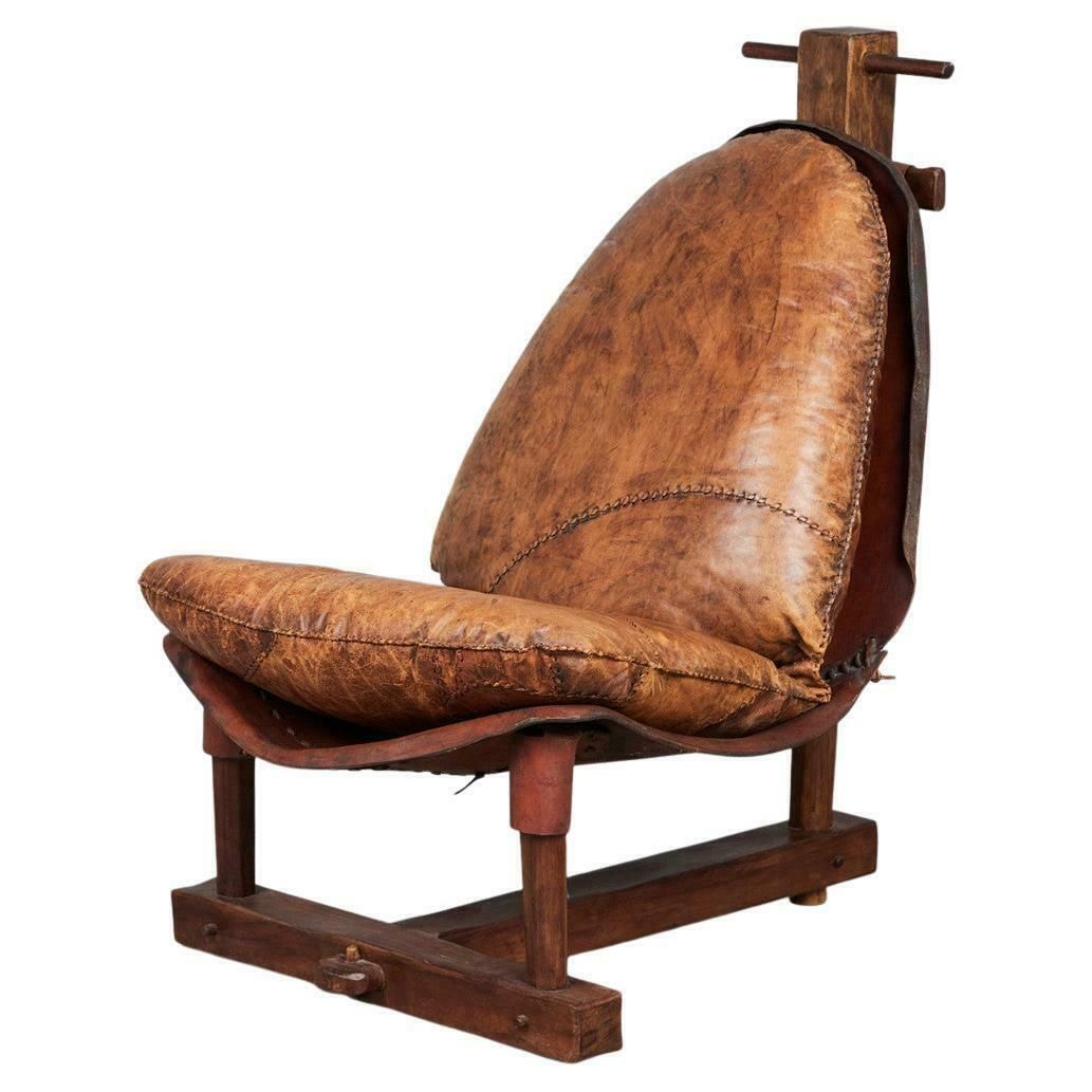 Brazilian Brutalist Patched Leather Lounge Chair, Vintage Chair From 1960s