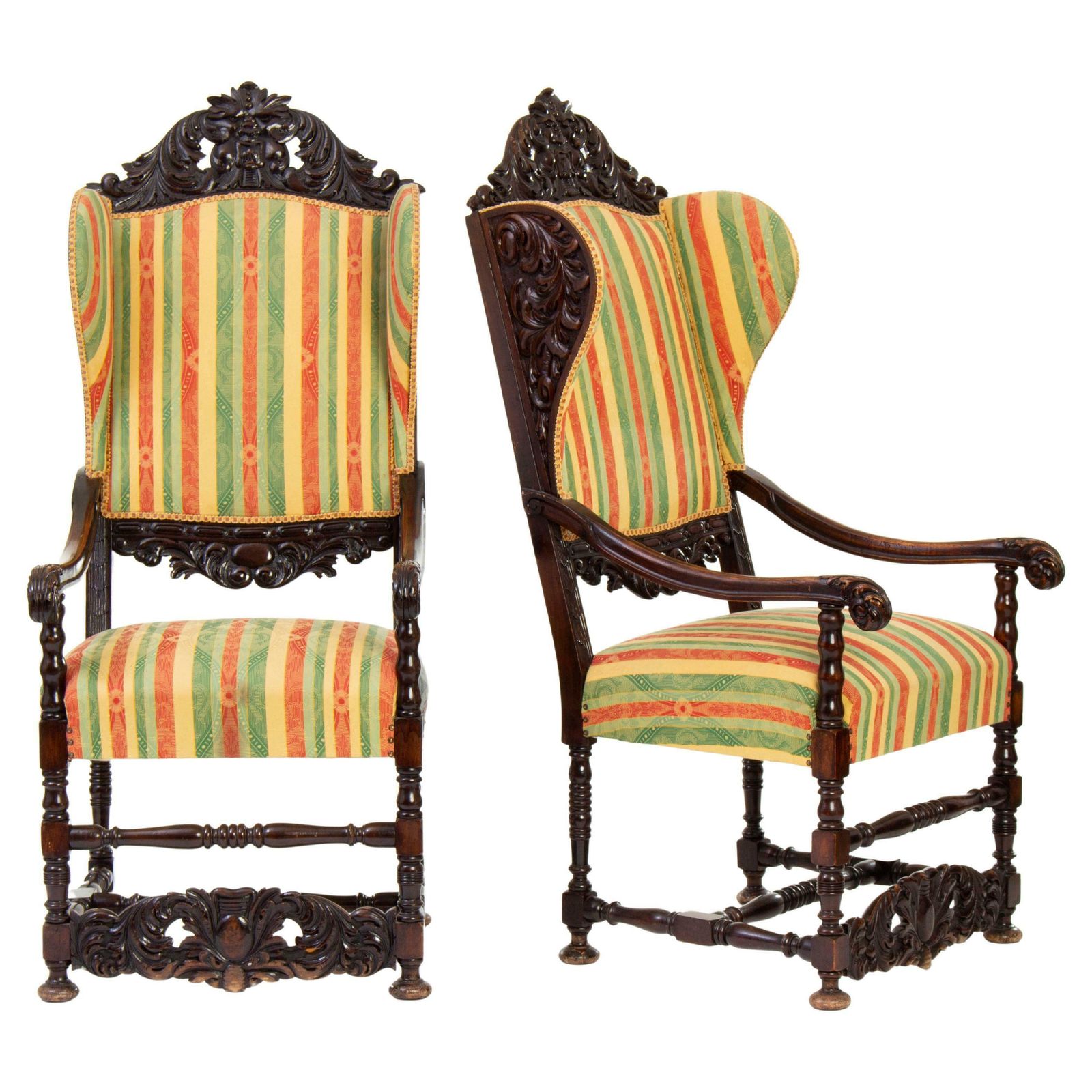 Antique Carved Basswood Wingchairs In Historicist Style (2 Pieces)