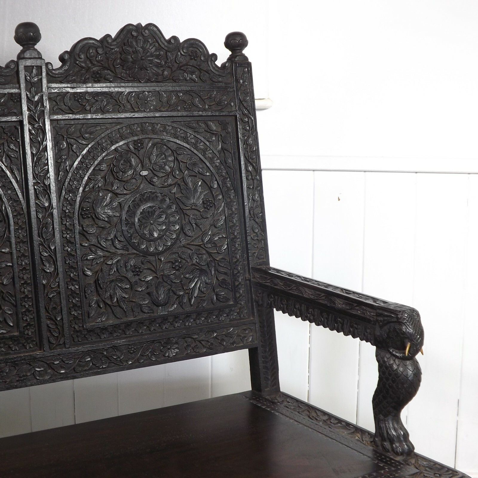 photo furniture Anglo Indian Bench (Delivery Available) Teak Carved Elephants
