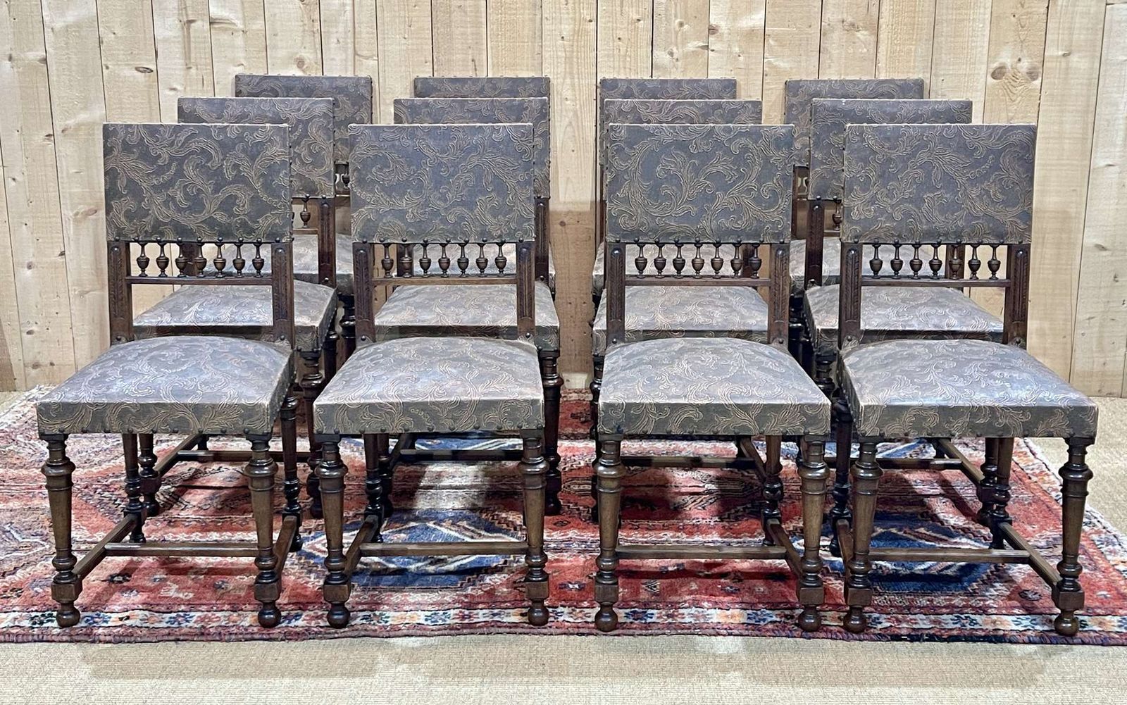 Furniture Set Of 12 Henry II Chairs In Walnut And Leatherette, Early 20th Century photo