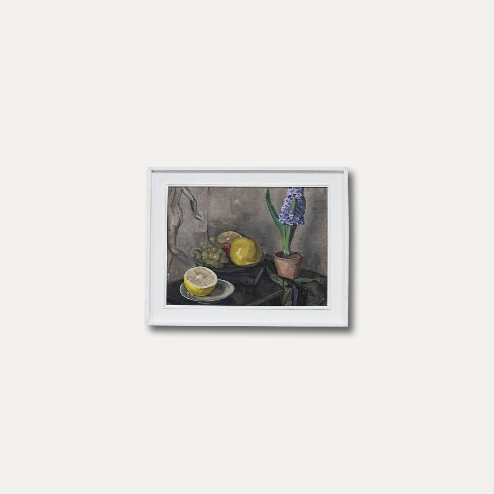 Framed Mid 20th Century Oil Still Life, White Grapefruit With Hyacinth Plant photo vinterior
