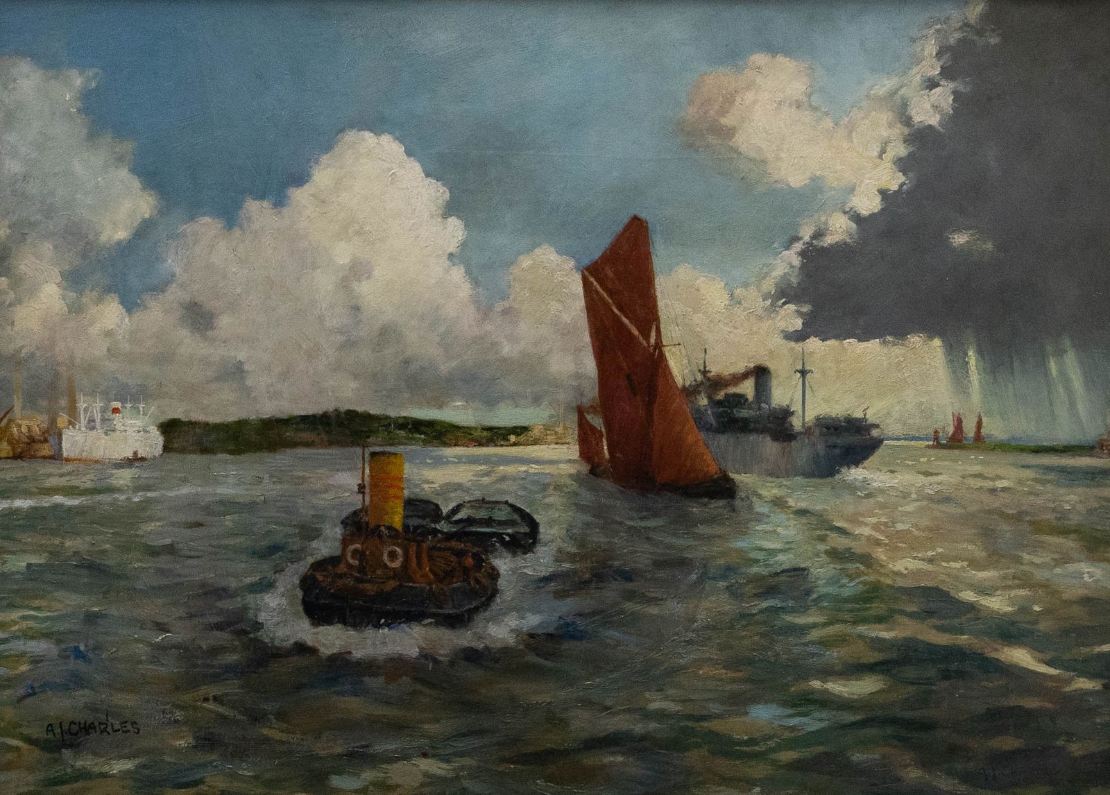 A. I. Charles Framed 20th Century Oil, Tug Towing Two Barges photo furniture