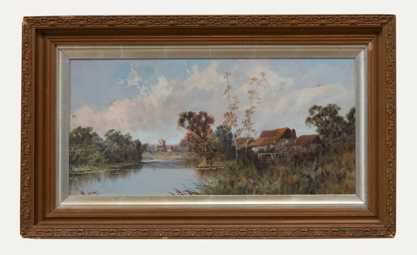 W. Lewis  Mid 20th Century Oil, Farm On The River