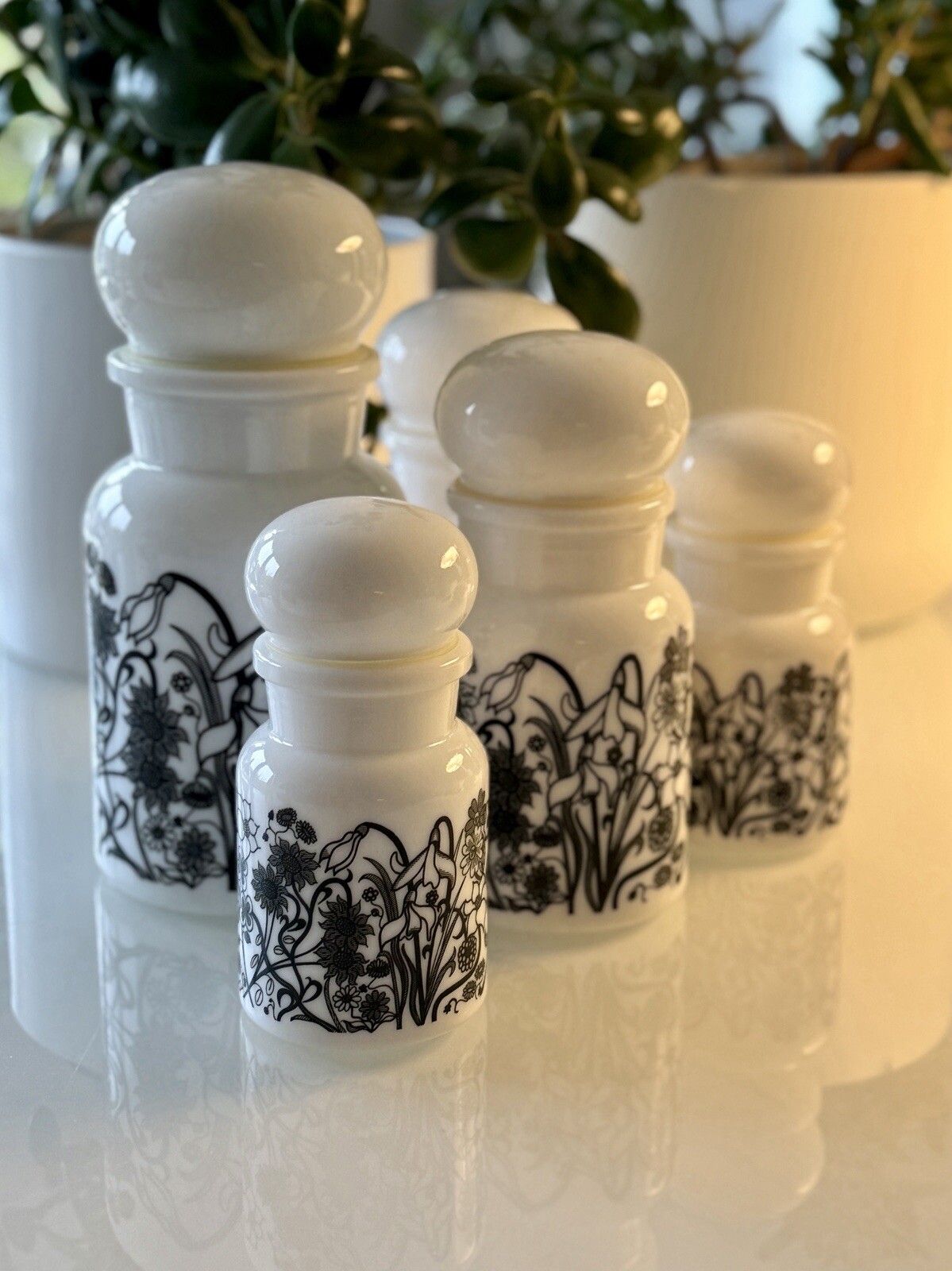 Set Of 5 1970s White Milk Glass Flower Design Bubble Lid Jars Made In Belgium photo buy