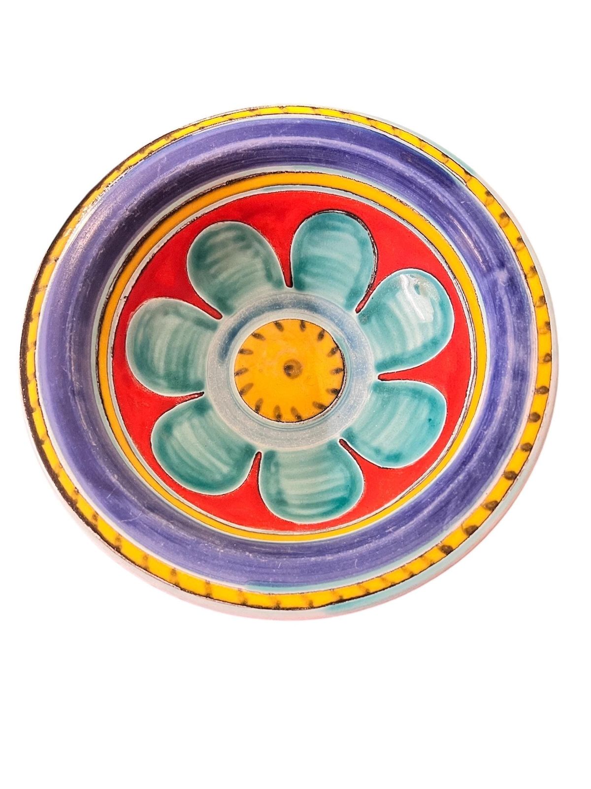 1960s Desimone Pottery Italy Ceramic Art Bow/ Plate Hand Painted Turquoise Flower