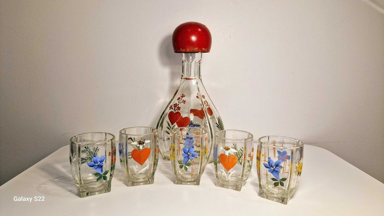 Hand Painted Holmegaard Klukflaske Decanter And Five Glasses