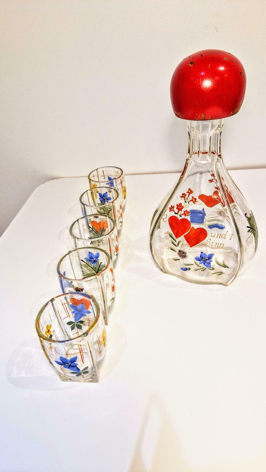 photo for sale Hand Painted Holmegaard Klukflaske Decanter And Five Glasses