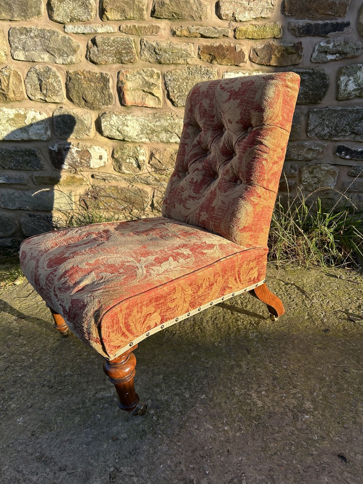 395.0 Reupholster Project Of A Victorian Edinburgh John Taylor And Son, Nursing Chair With Walnut Legs photo