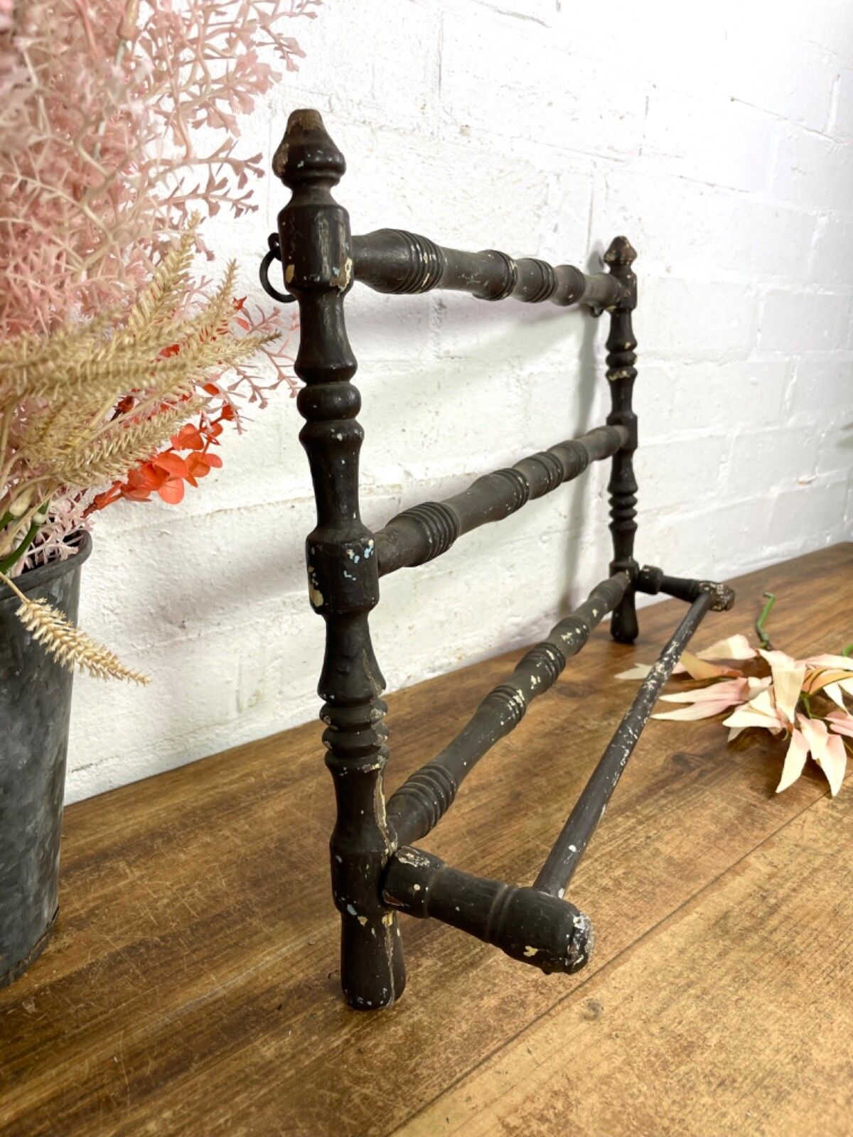 Antique French Wooden Turned Bobbin Bathroom Kitchen Towel Rail Holder photo for sale