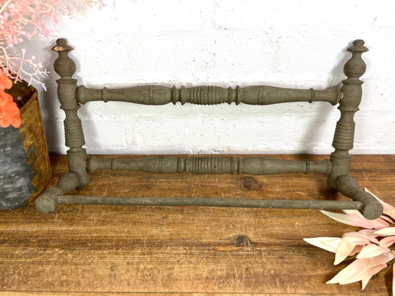 Antique French Wooden Turned Bobbin Bathroom Kitchen Towel Rail Holder photo furniture