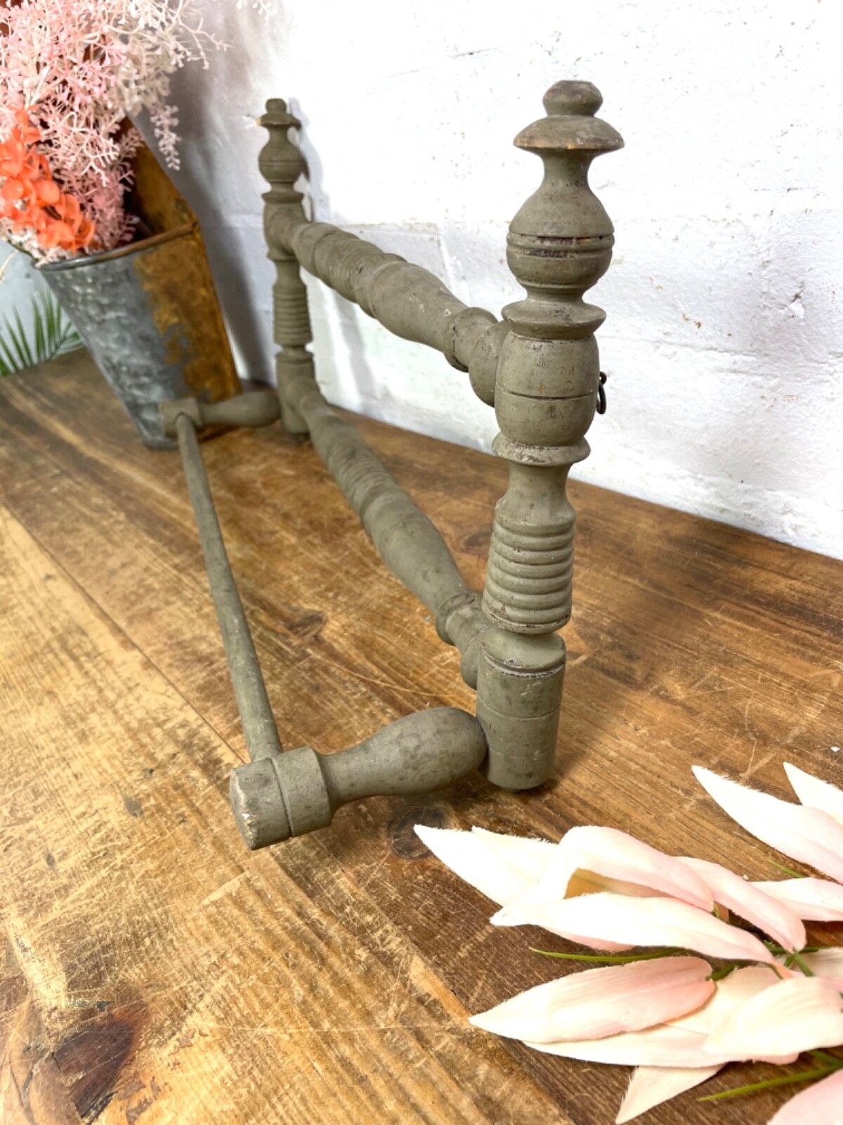 Antique French Wooden Turned Bobbin Bathroom Kitchen Towel Rail Holder photo Furniture