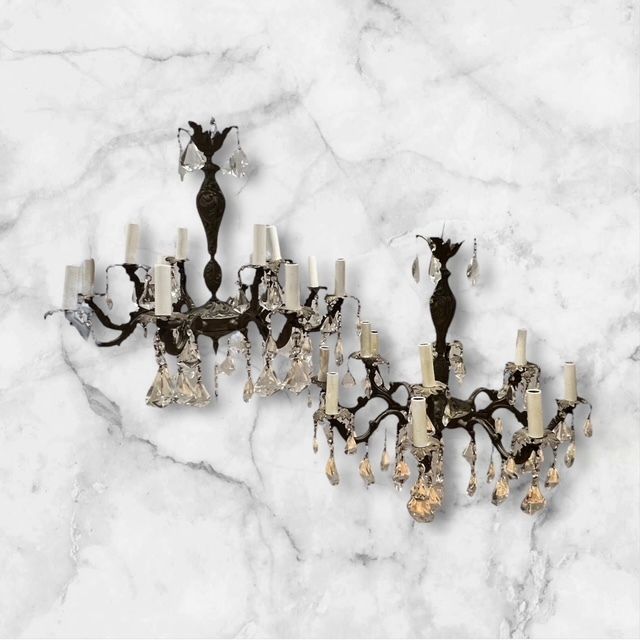 A Pair Of Dark Framed Twelve Light Of French Rococo Chandeliers