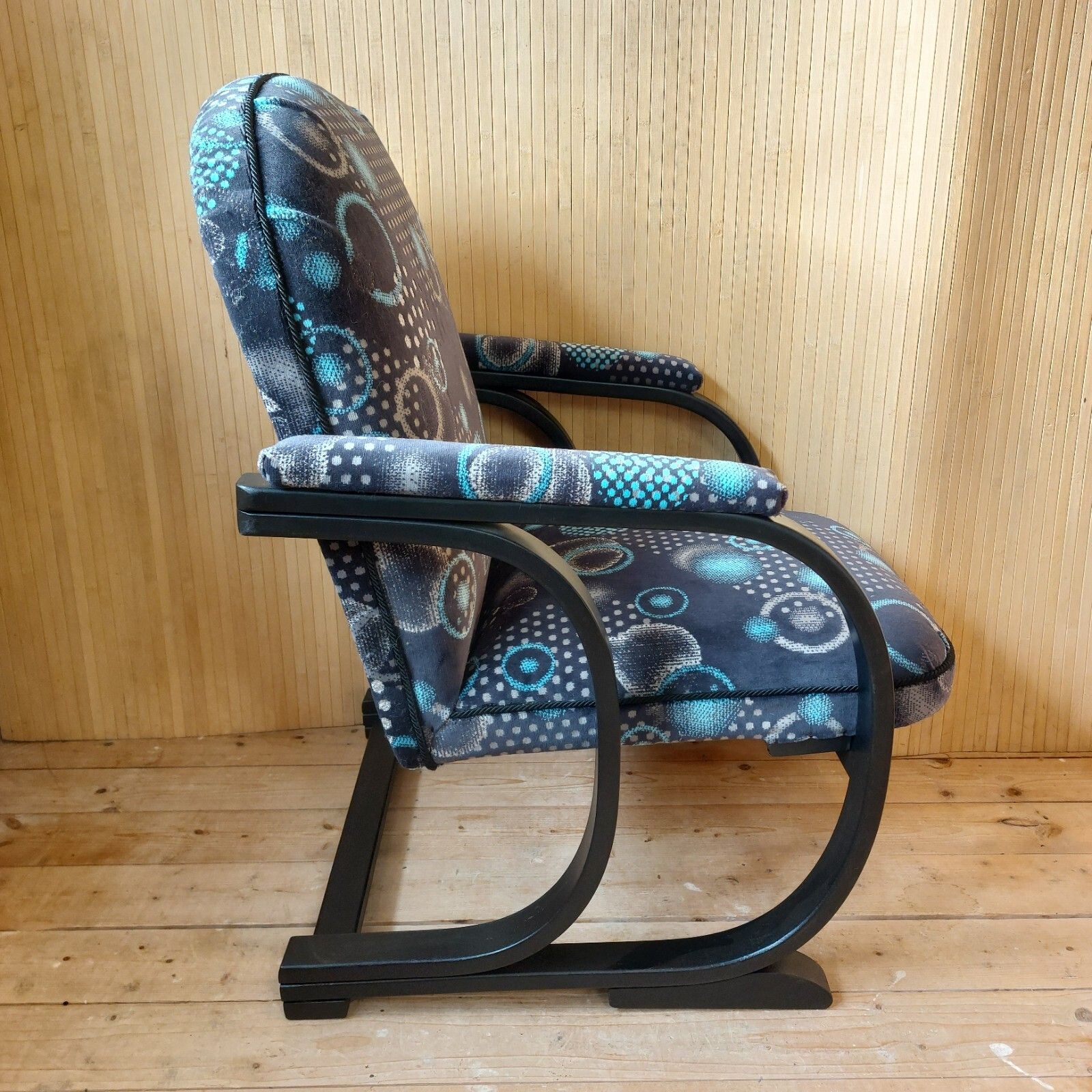 photo buy Fab Vintage Antique Heals Art Deco Bentwood Armchair Black & Blue Moquette
