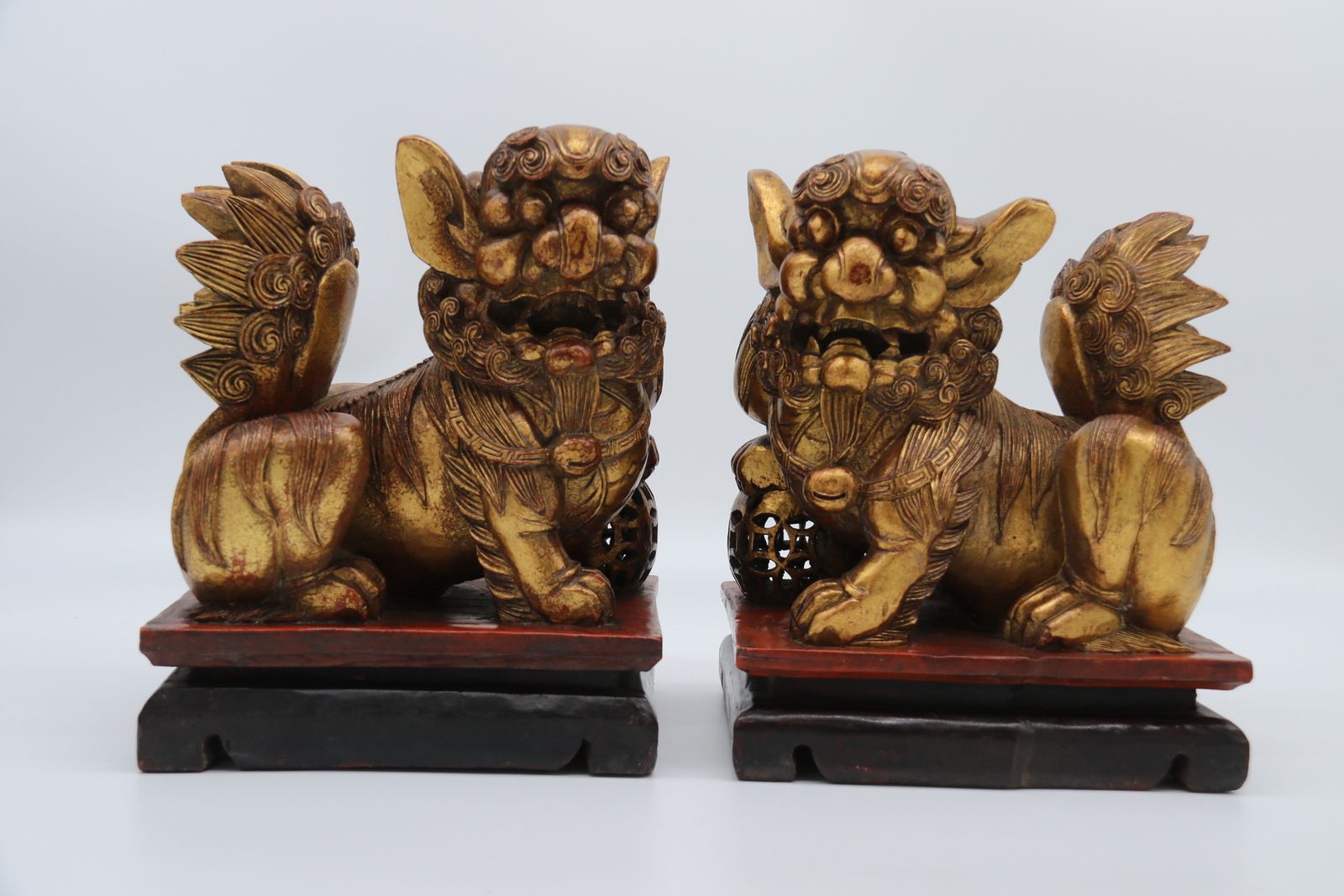 A Highly Decorative Pair Of Carved Gilt Wood And Lacquer Chinese Buddhist Lions Circa 1900 photo Home Decor