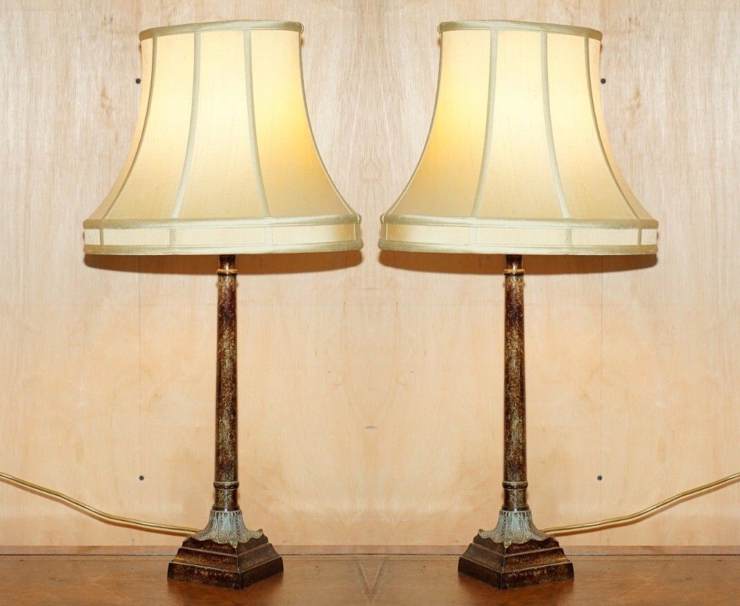 Exquisite Pair Of 78cm Tall Corinthian Pillar Metal Table Lamps Painted Finish