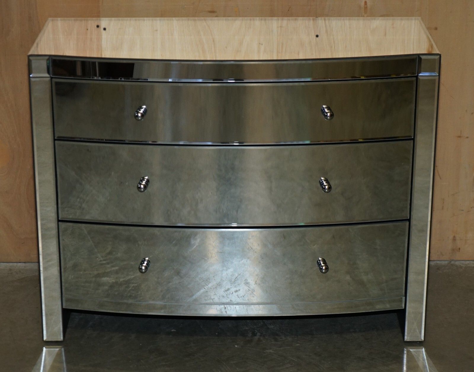 Suite Of Bow Fronted Mirrored Glass Chest Of Drawers With Pair Of Side Tables photo furniture
