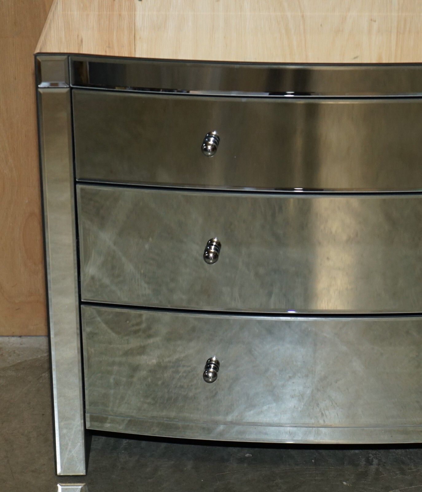 Suite Of Bow Fronted Mirrored Glass Chest Of Drawers With Pair Of Side Tables photo for sale