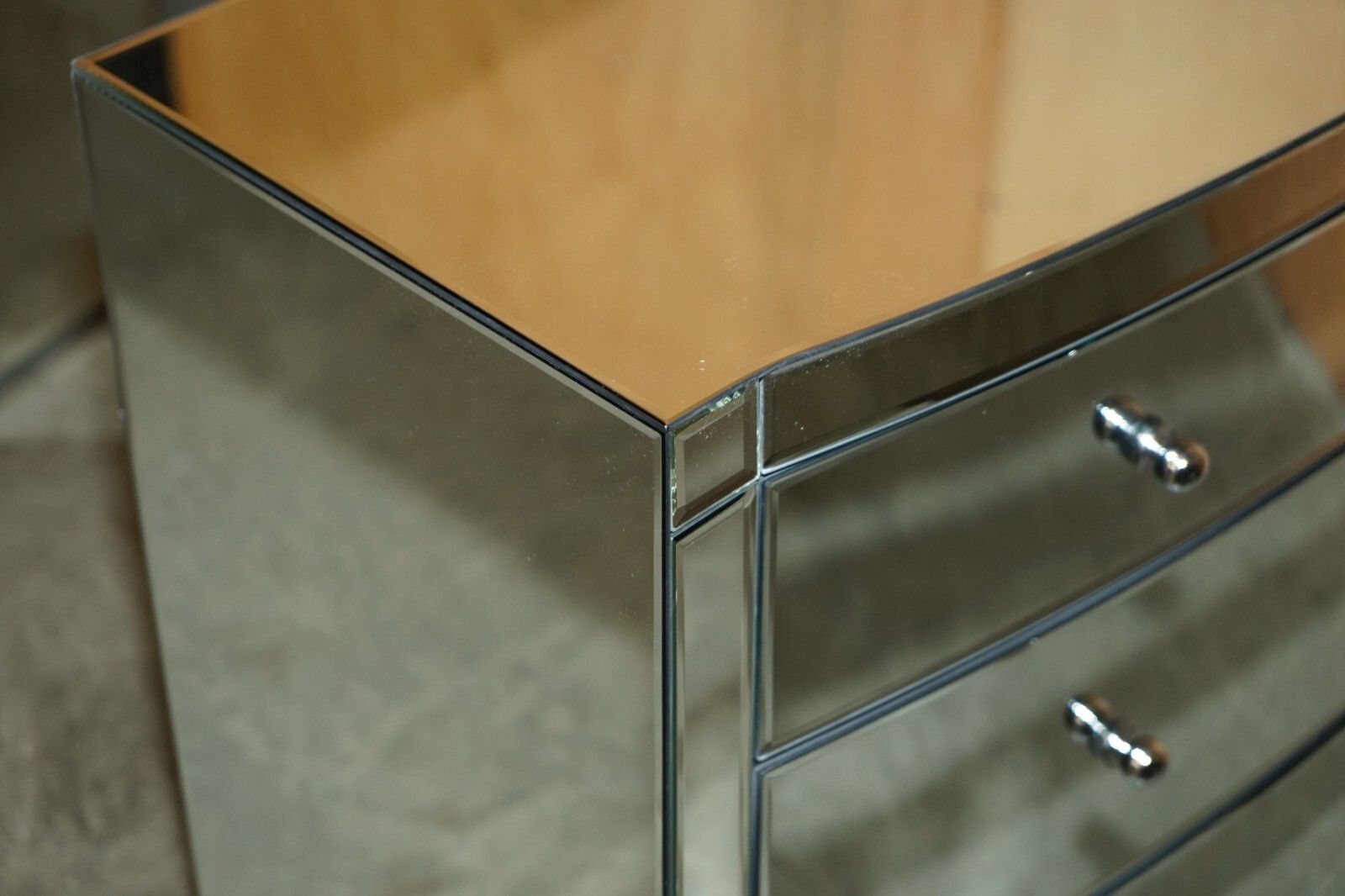 Suite Of Bow Fronted Mirrored Glass Chest Of Drawers With Pair Of Side Tables photo vintage