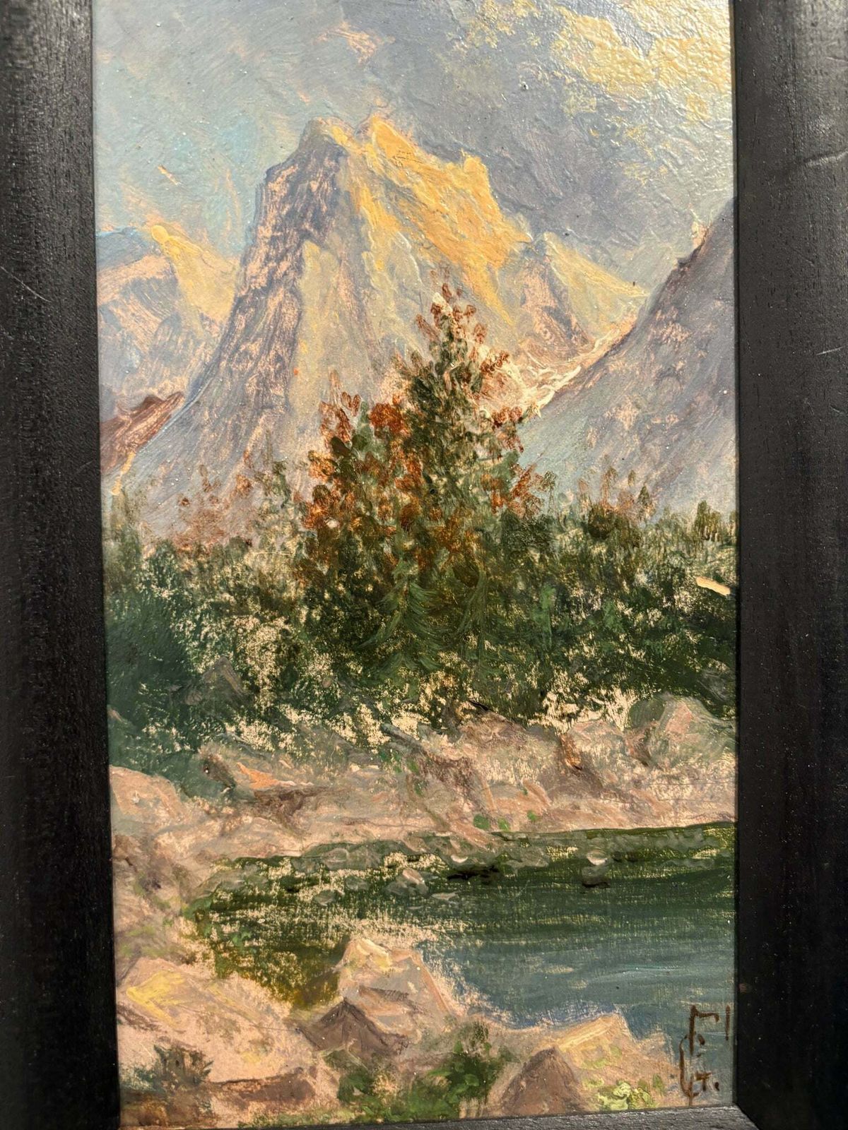 Oil Painting On Panel Of Mountain Landscape 1940s photo furniture