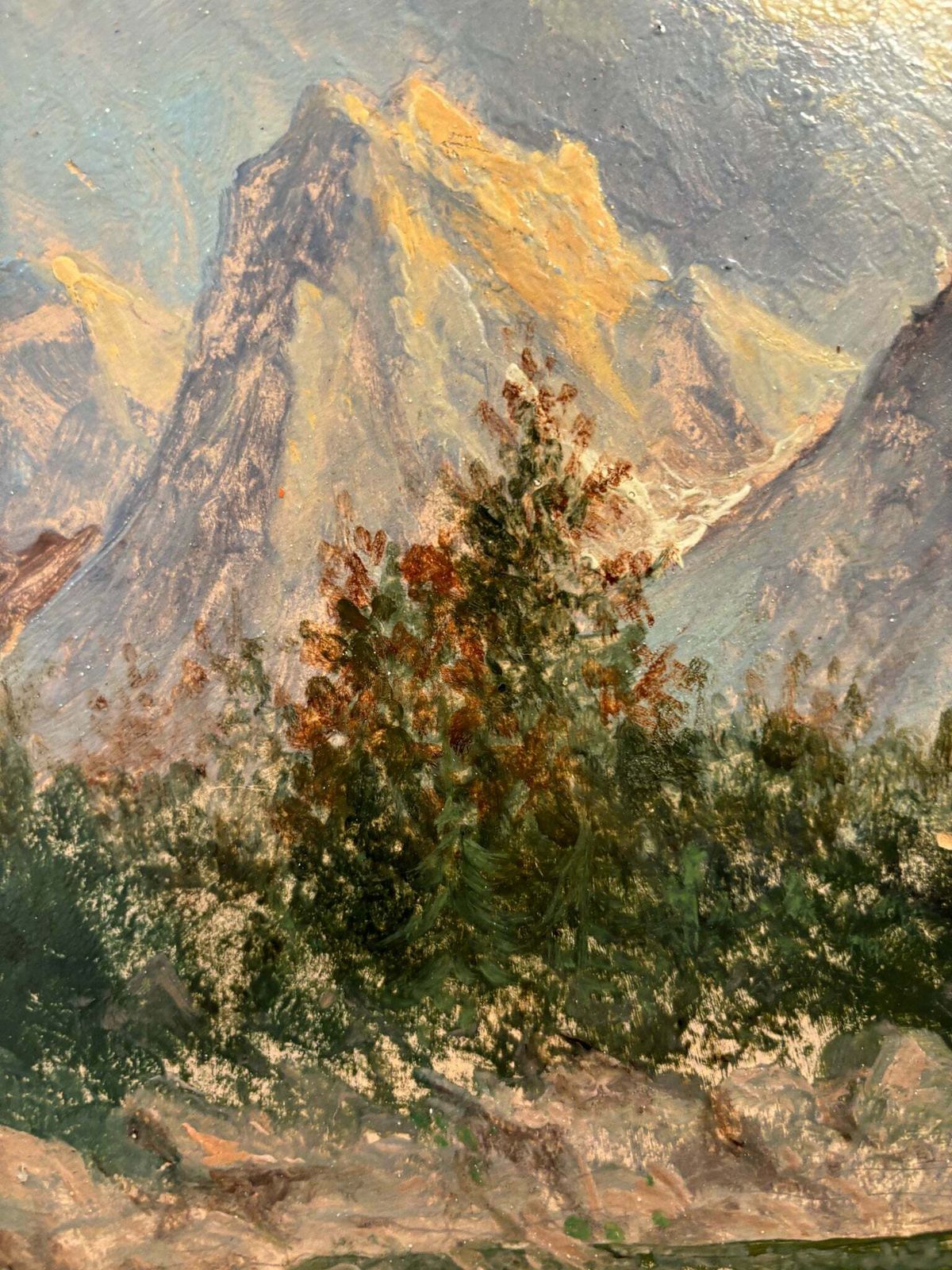 Oil Painting On Panel Of Mountain Landscape 1940s photo for sale