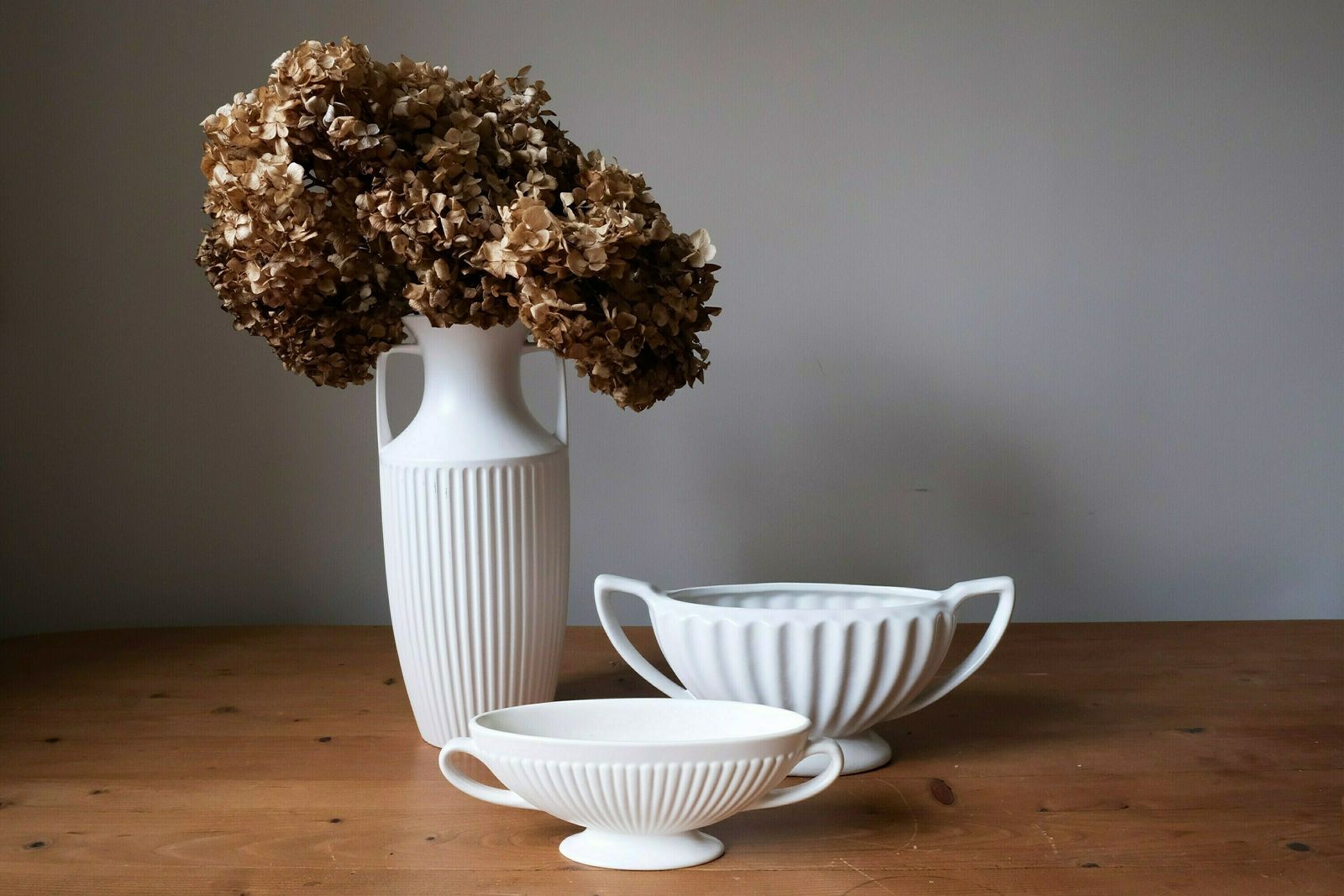 Vintage Dartmouth Pale Grey Mantle Vase Planter, Ribbed With Twin Handles photo for sale