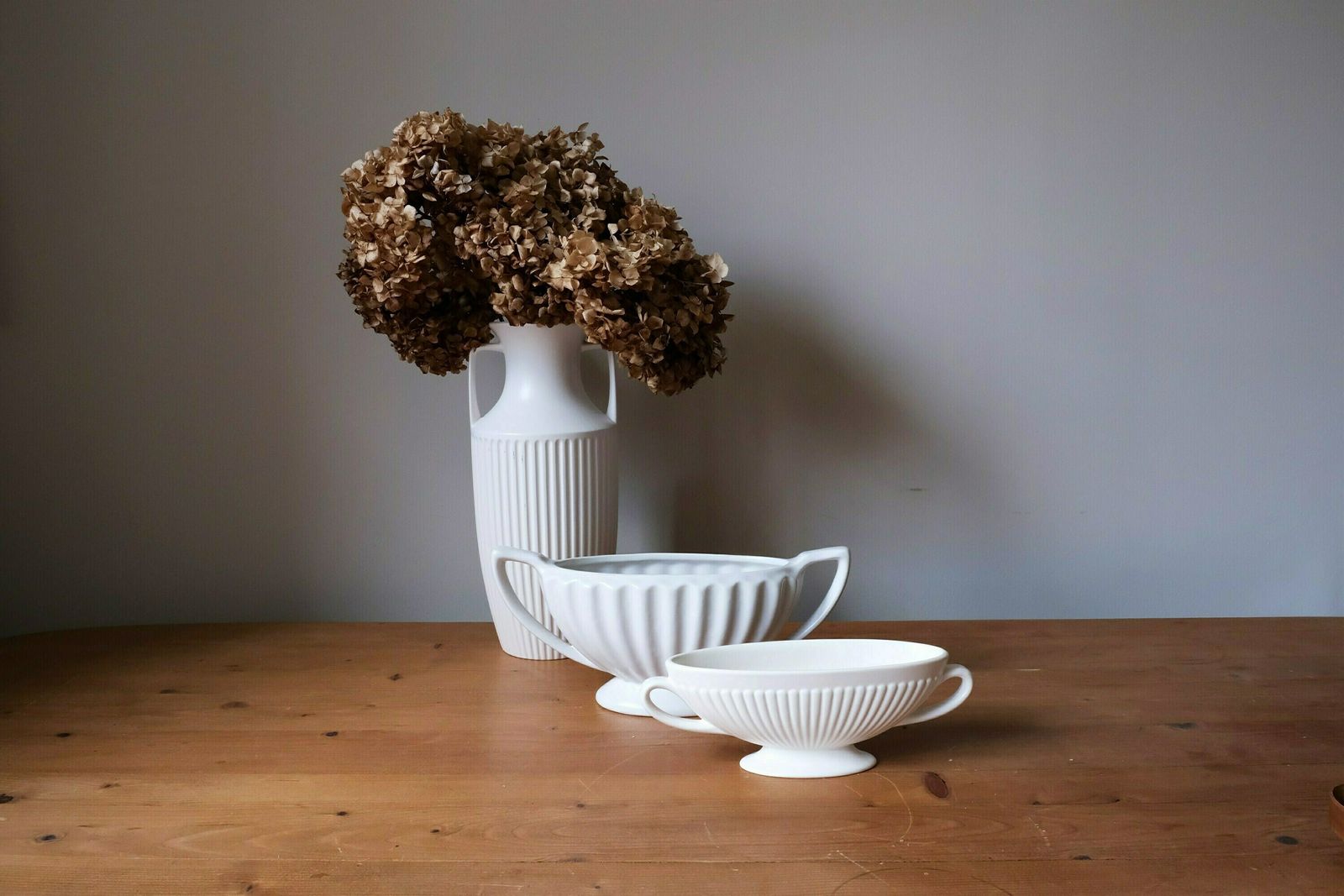 Vintage Dartmouth Pale Grey Mantle Vase Planter, Ribbed With Twin Handles photo 50.0