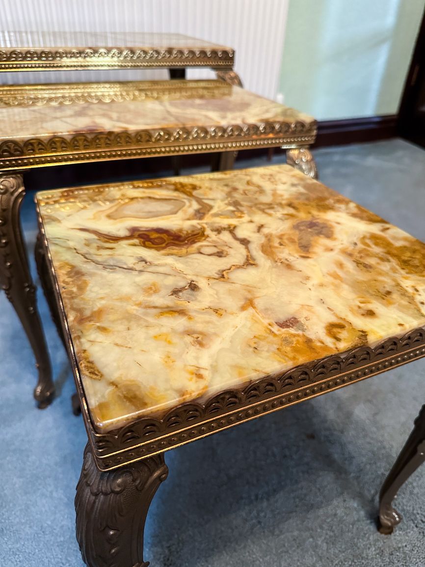350.0 Three Nested Louis XV Style In Green Yellow Onyx With Brass French Legs photo