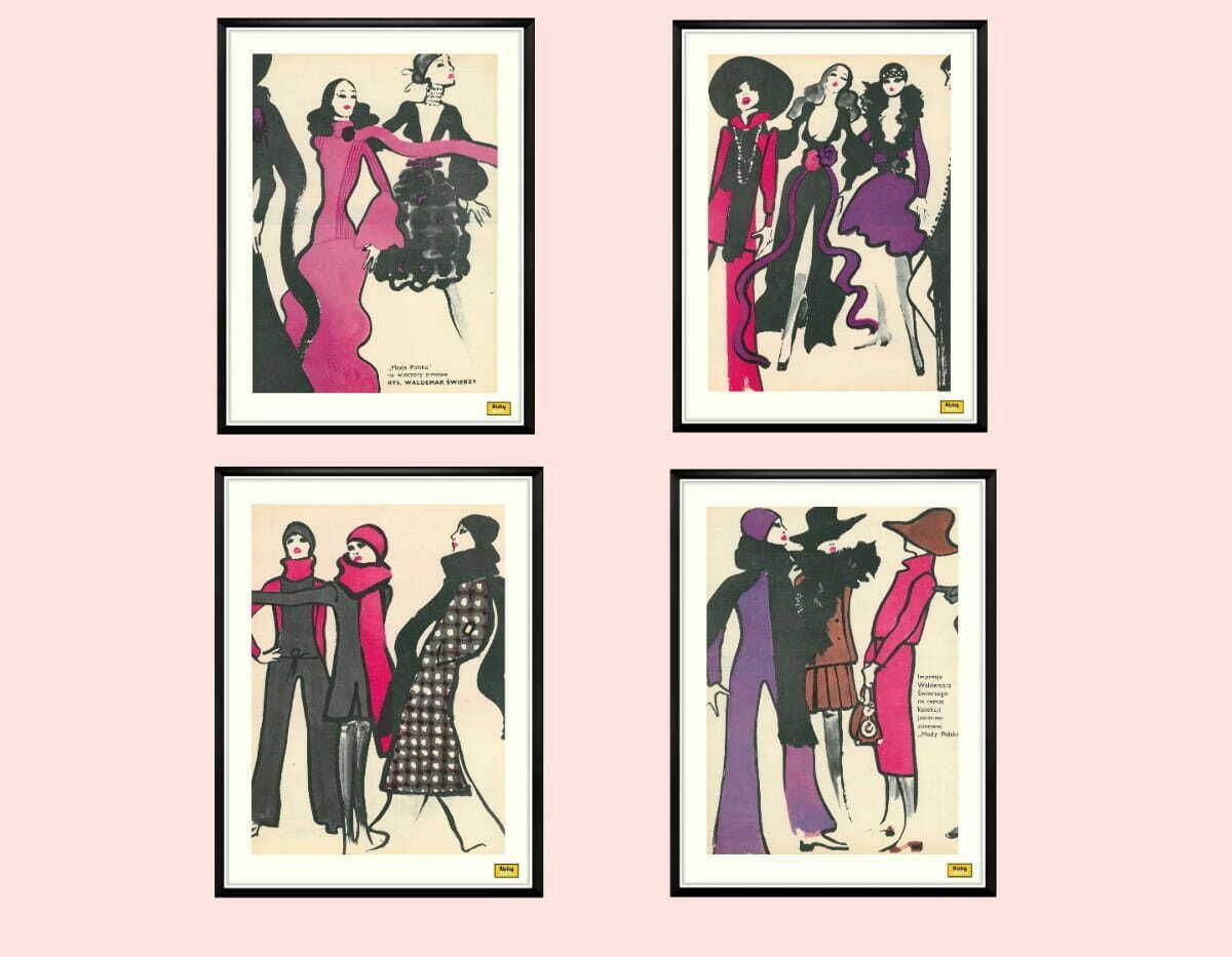 Four Framed Drawings Of Polish Fashion, By Waldemar Swierzy