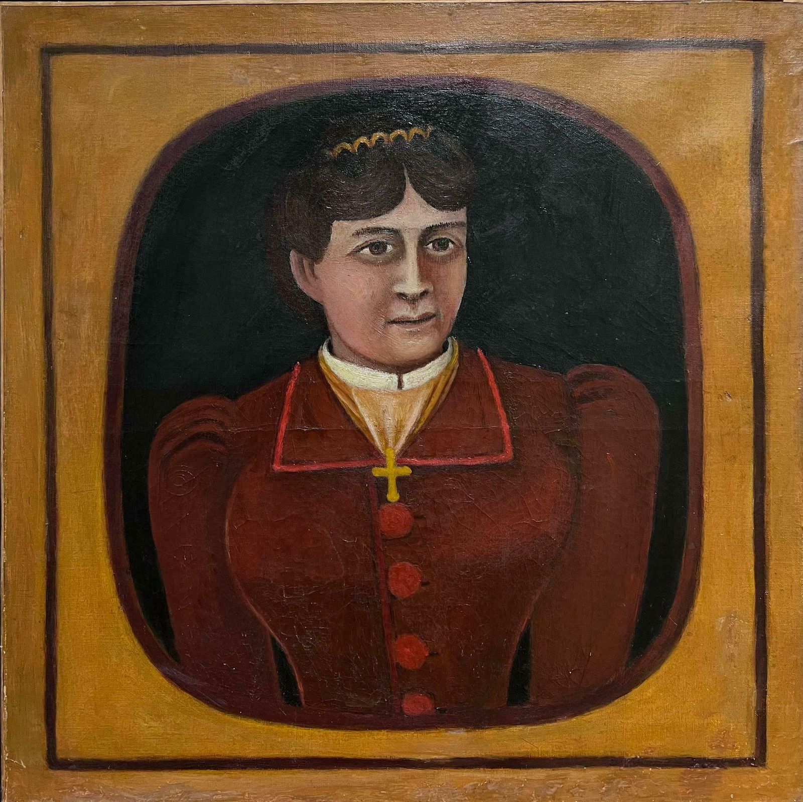 19th Century French Naive Portrait Of Lady Large Oil Painting On Canvas