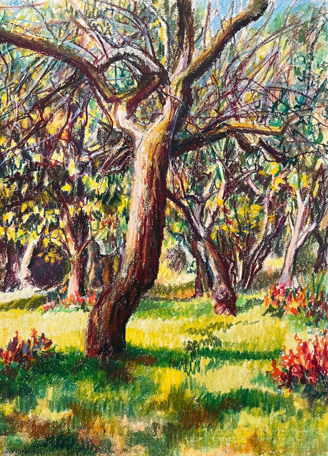 Josine Vignonmid Century French Original Pastel Painting Of Sunlit Orchard1950's