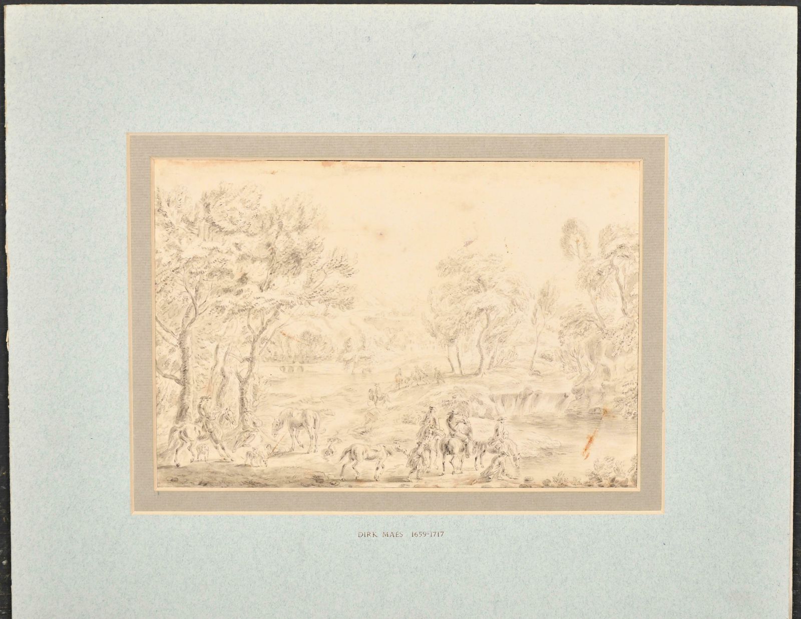 Fine 17th Century Dutch Old Master Watercolor Drawing Hunting Party Landscape17th Century photo furniture