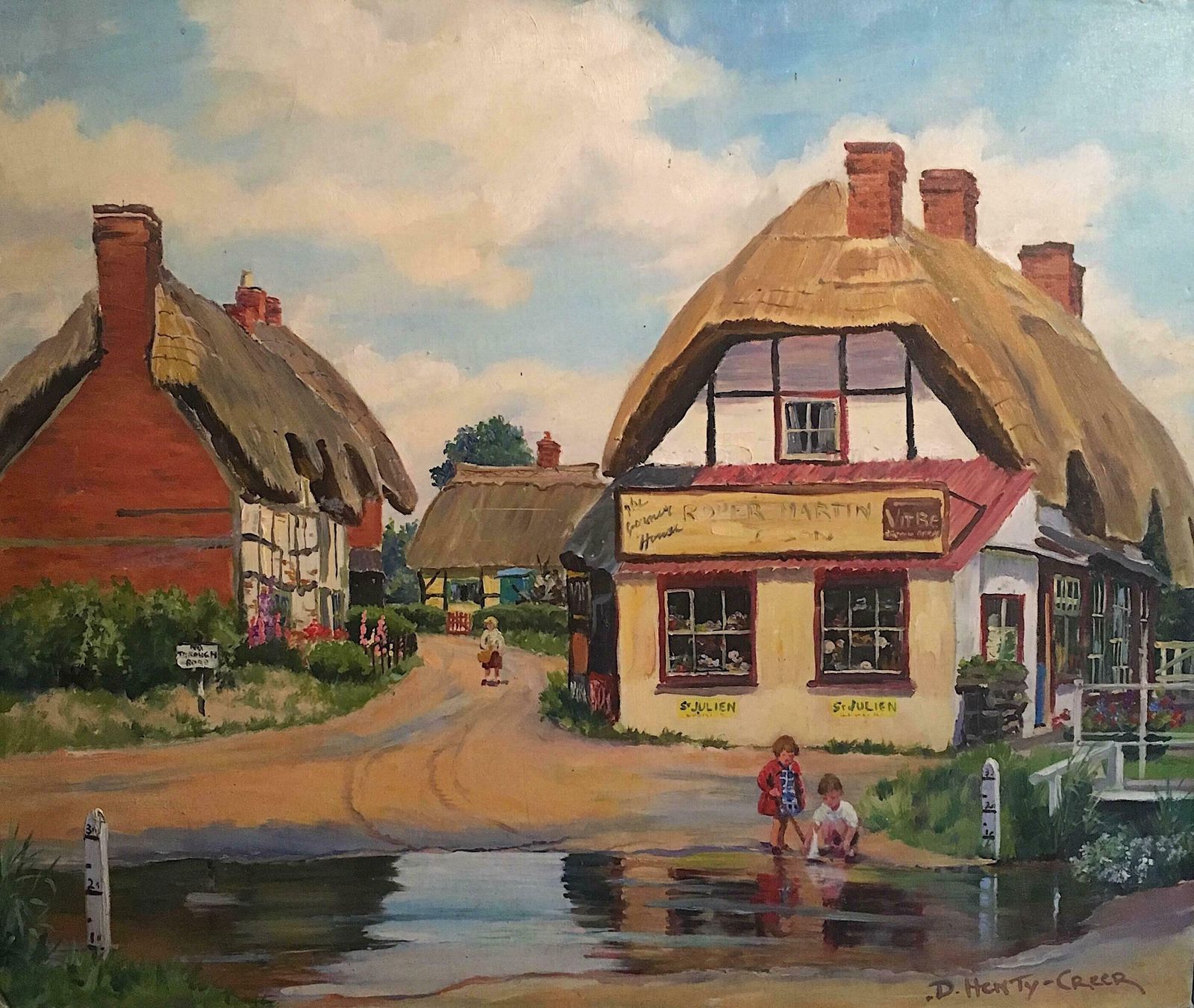 Deidre Henty Creerthe English Village Kings Somborne, River Ford Hampshire   Oil Paintingc. 1960's