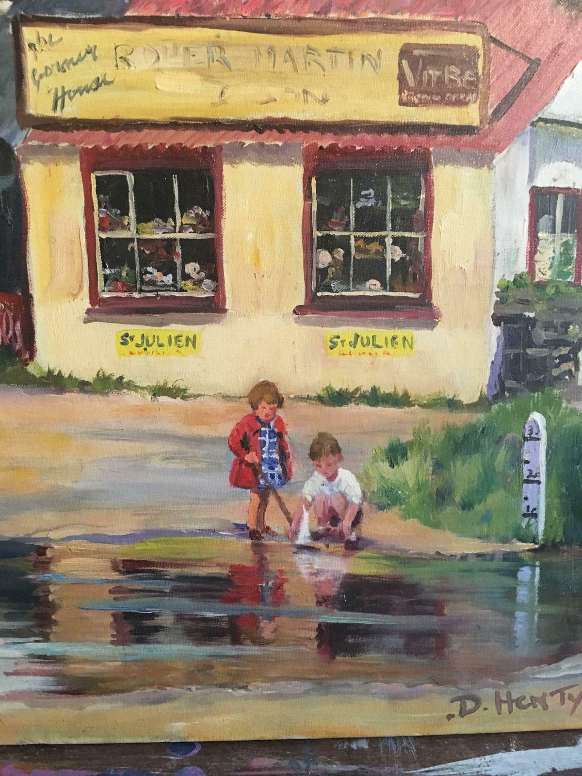 Deidre Henty Creerthe English Village Kings Somborne, River Ford Hampshire   Oil Paintingc. 1960's photo vinterior