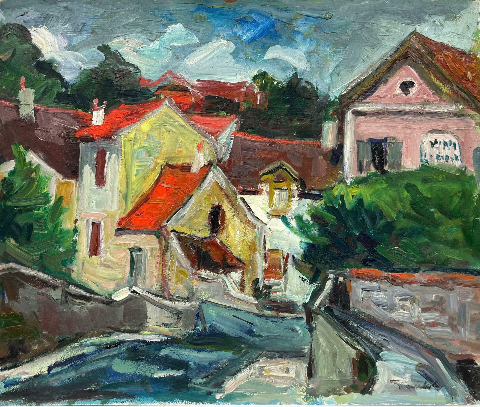 French Fauvist1950's French Fauvist Signed Oil Red Roof Tops Pink Houses Scenec. 1950's photo furniture