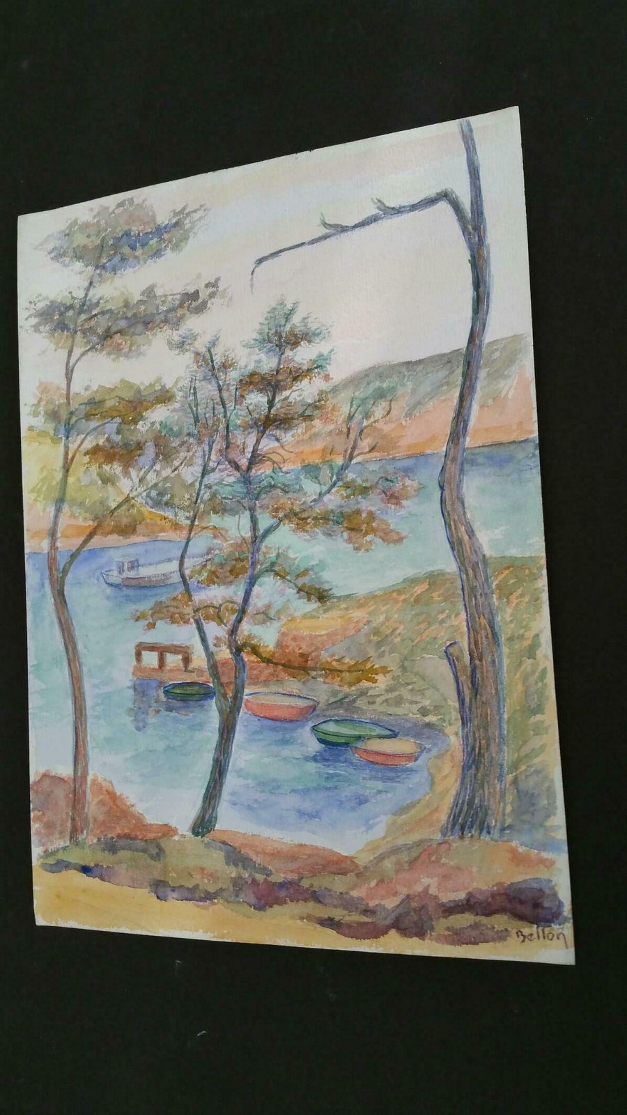 photo furniture Louis Bellonprovence Boats Landscape Post Impressionist Signed 1940's Paintingc. 1940s