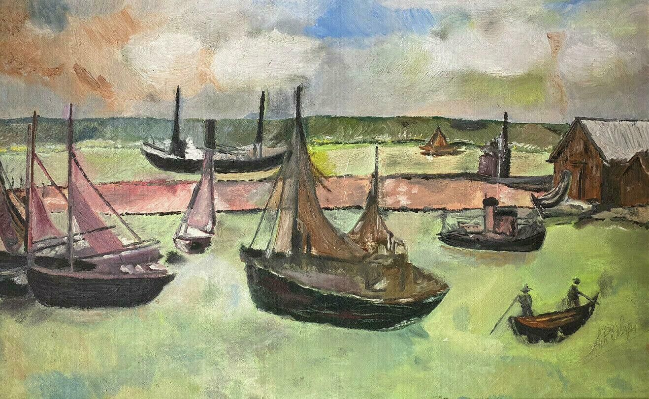 Unknownvintage French 1970's Oil   Fishing Boats In Old Harbour   Blue/Green Colours20th Century