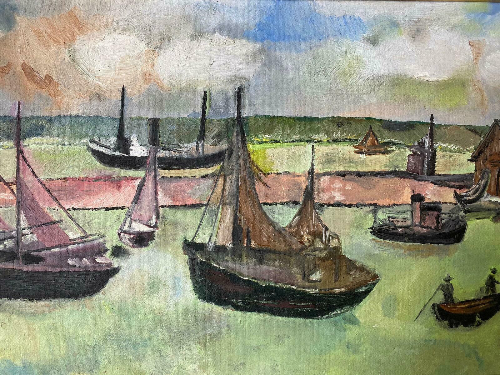 Unknownvintage French 1970's Oil   Fishing Boats In Old Harbour   Blue/Green Colours20th Century photo furniture