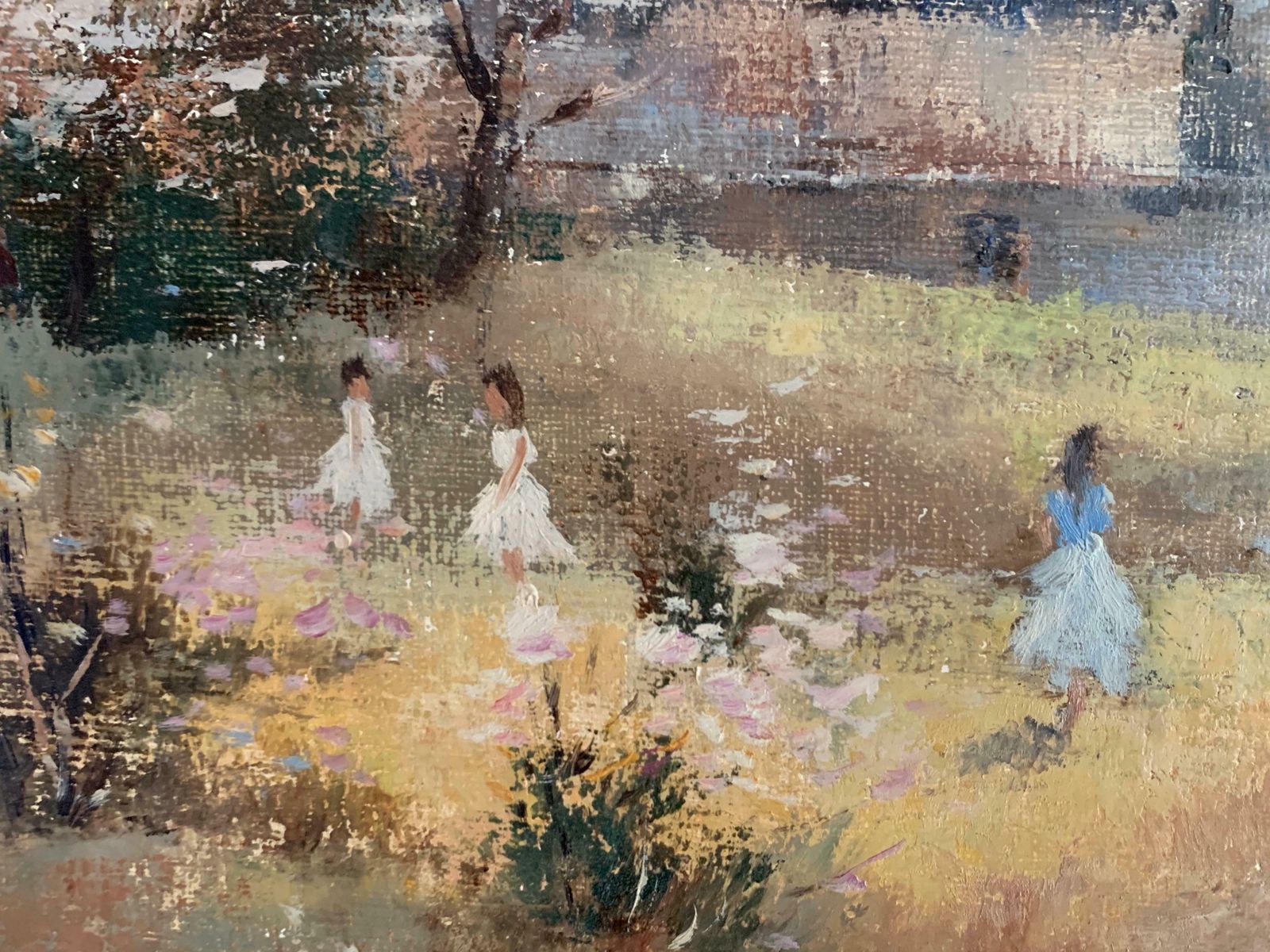 Claude Mourierchildren Playing In Orchards Blossom On Trees Signed French Impressionist Oilc. 1970's photo buy